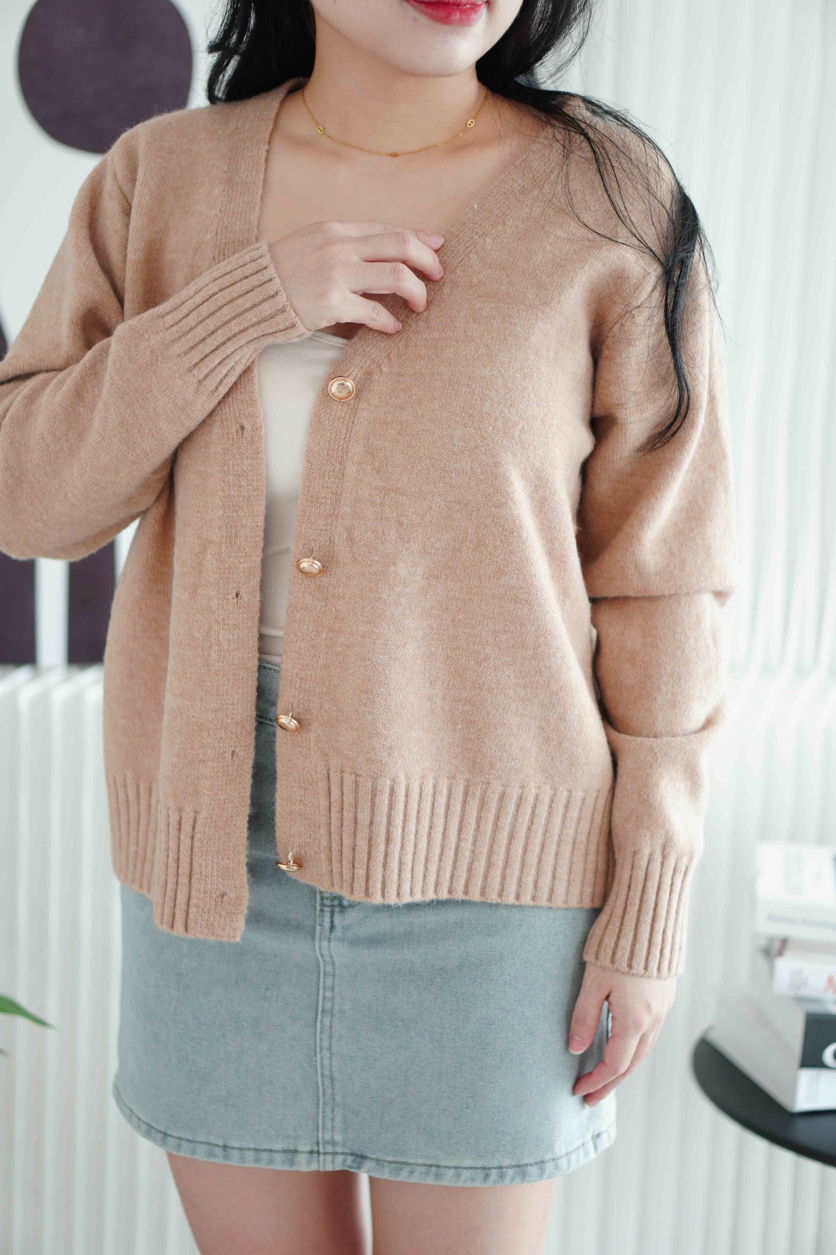 Toffee Cream Furry Cardigan in Khaki