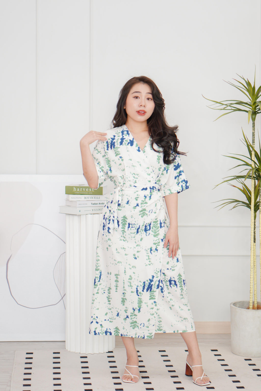 Nikora Abstract Tie Waist Dress in in Cream with Blue and Green