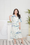 Nikora Abstract Tie Waist Dress in in Cream with Blue and Green