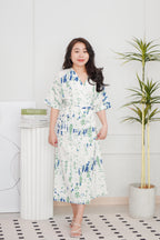 Nikora Abstract Tie Waist Dress in in Cream with Blue and Green