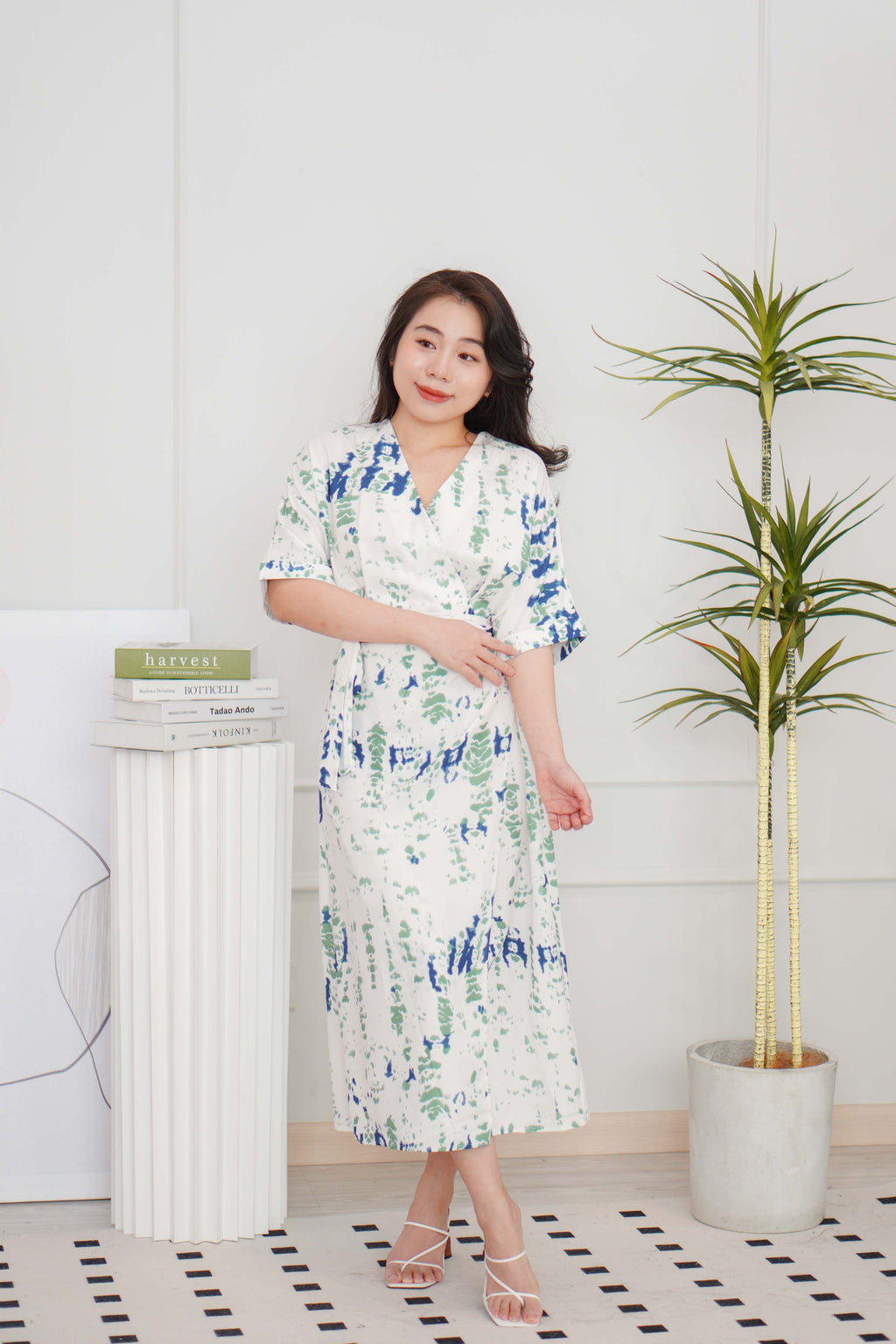Nikora Abstract Tie Waist Dress in in Cream with Blue and Green