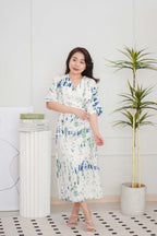 Nikora Abstract Tie Waist Dress in in Cream with Blue and Green