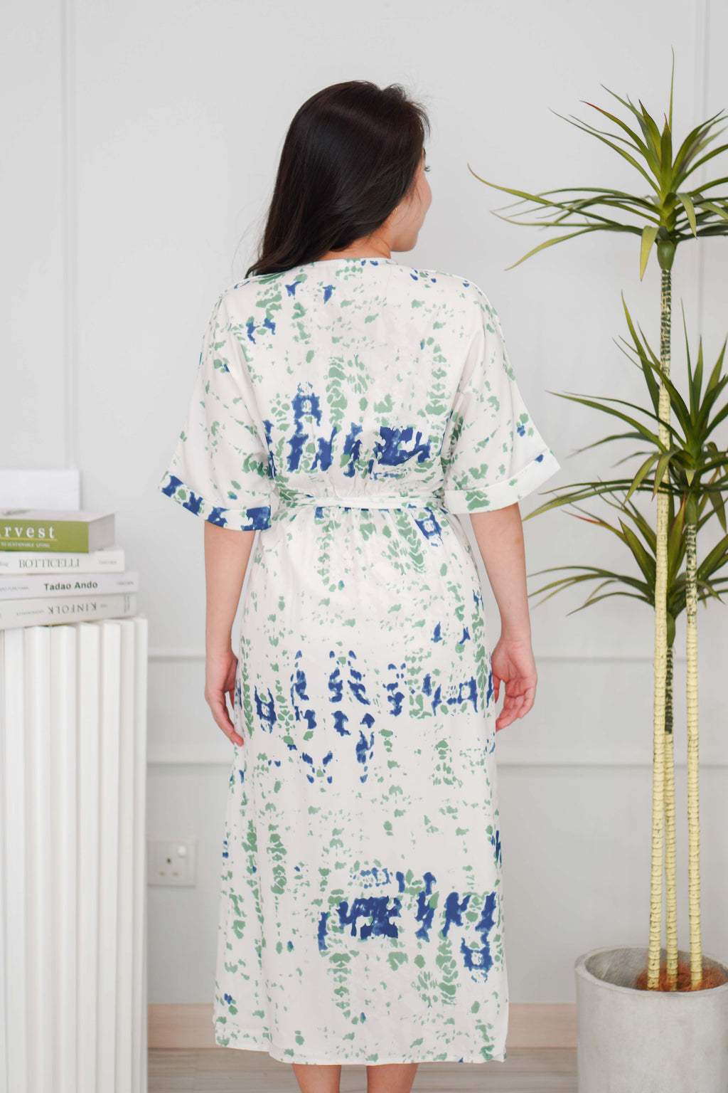 Nikora Abstract Tie Waist Dress in in Cream with Blue and Green