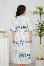 Nikora Abstract Tie Waist Dress in in Cream with Blue and Green