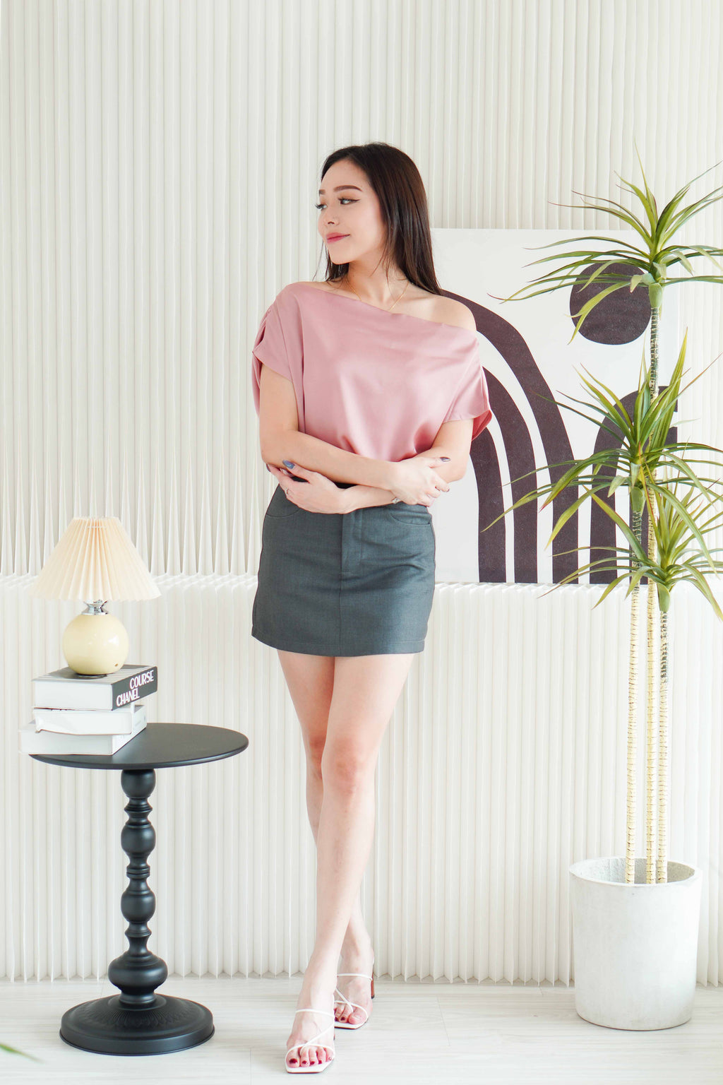 Malora Ruched Off Shoulder Satin Top in Pink