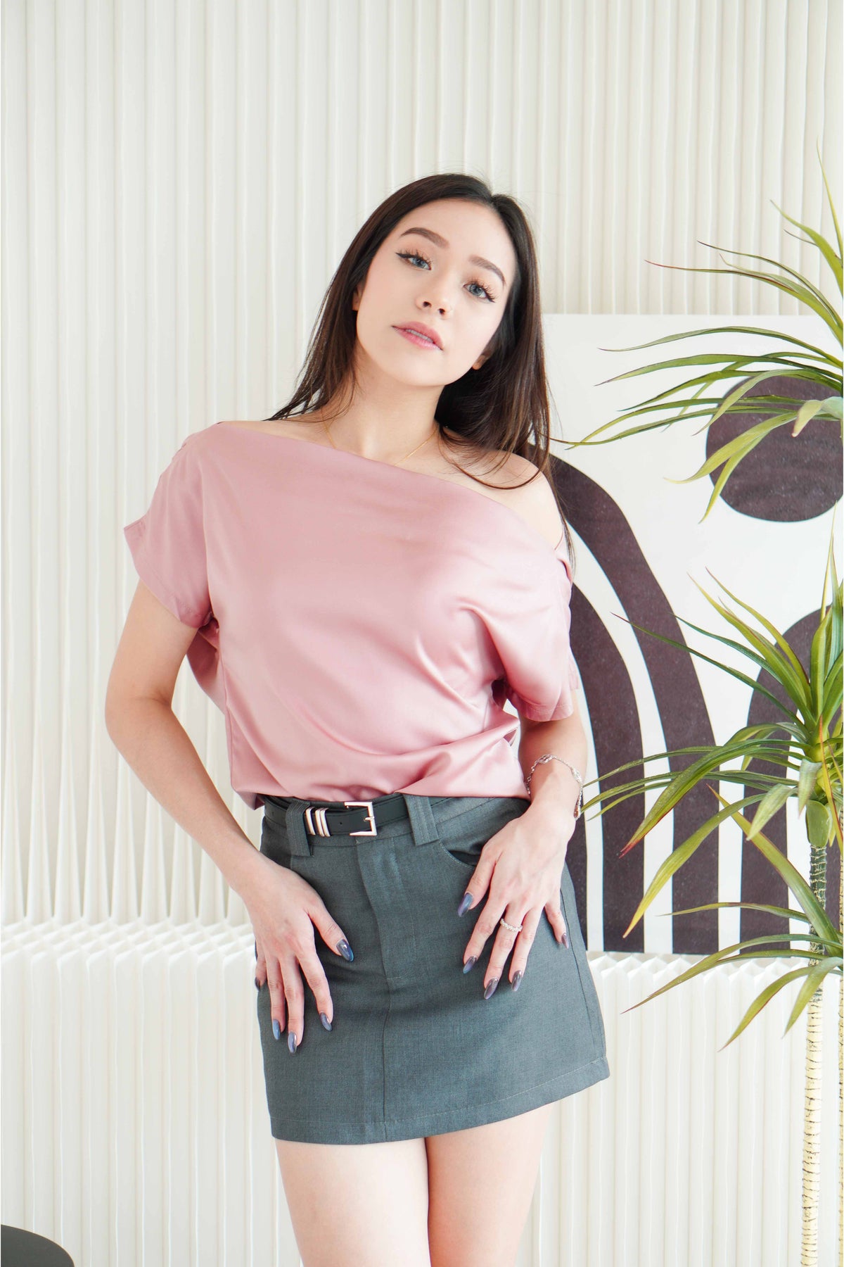 Malora Ruched Off Shoulder Satin Top in Pink
