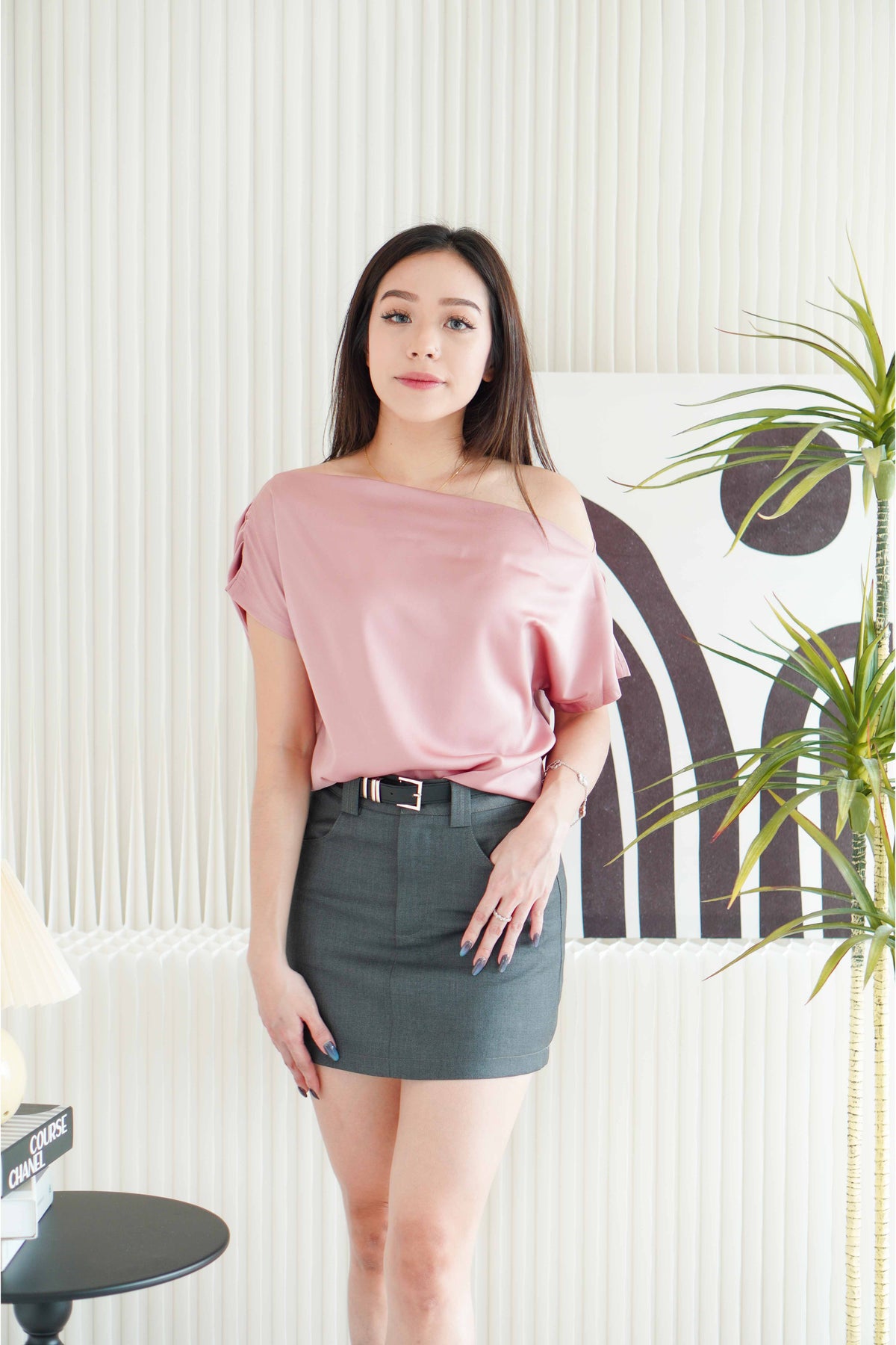 Malora Ruched Off Shoulder Satin Top in Pink