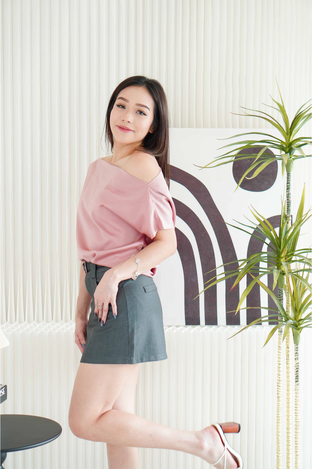 Malora Ruched Off Shoulder Satin Top in Pink