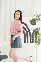 Malora Ruched Off Shoulder Satin Top in Pink