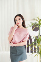 Malora Ruched Off Shoulder Satin Top in Pink