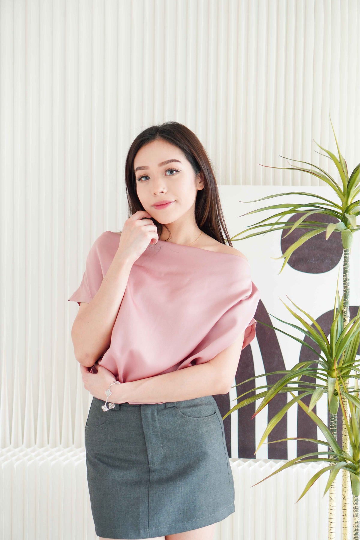 Malora Ruched Off Shoulder Satin Top in Pink