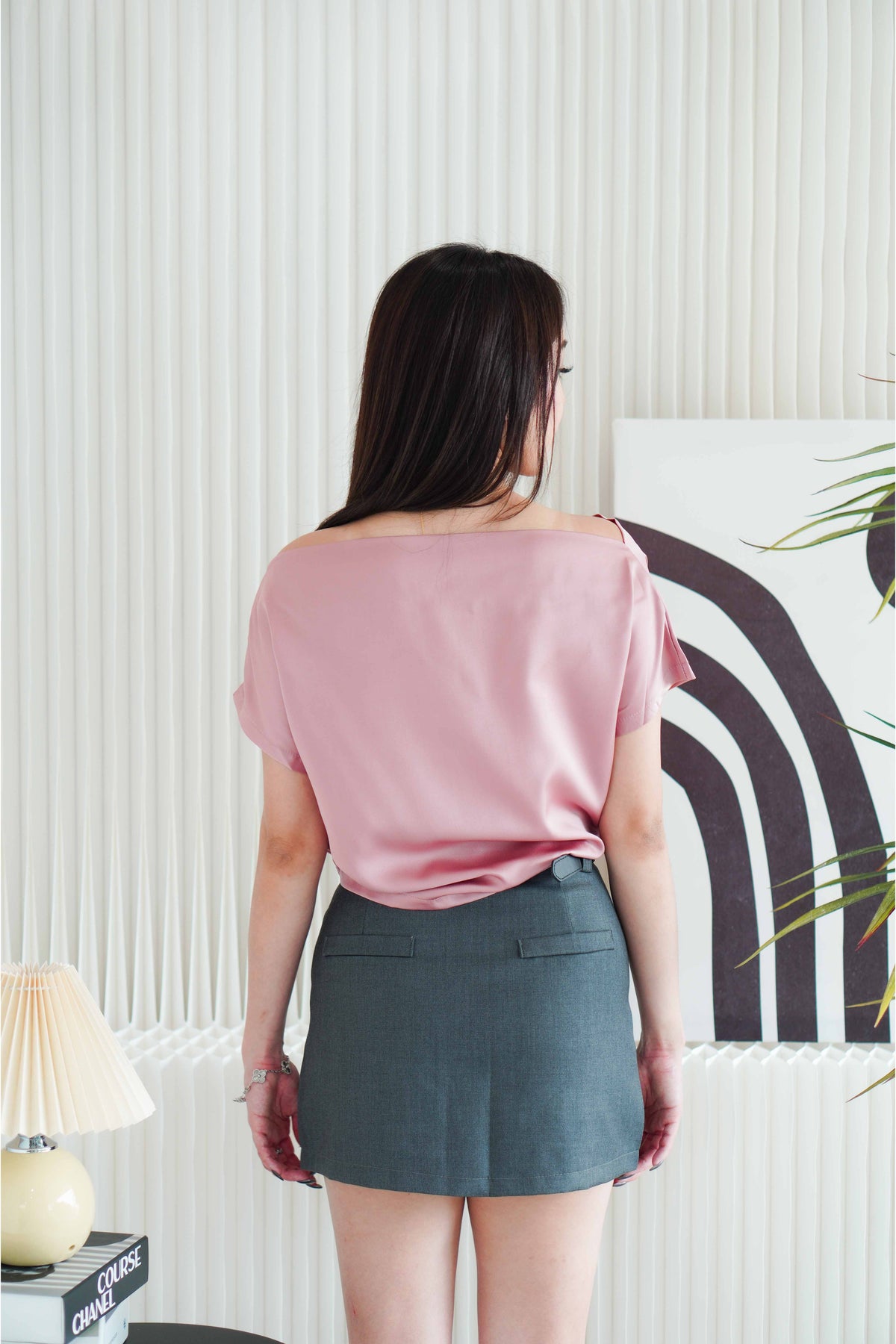 Malora Ruched Off Shoulder Satin Top in Pink