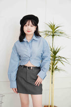 (BACKORDER) Zia Stripes Long Sleeve Self Tied Top in Blue
