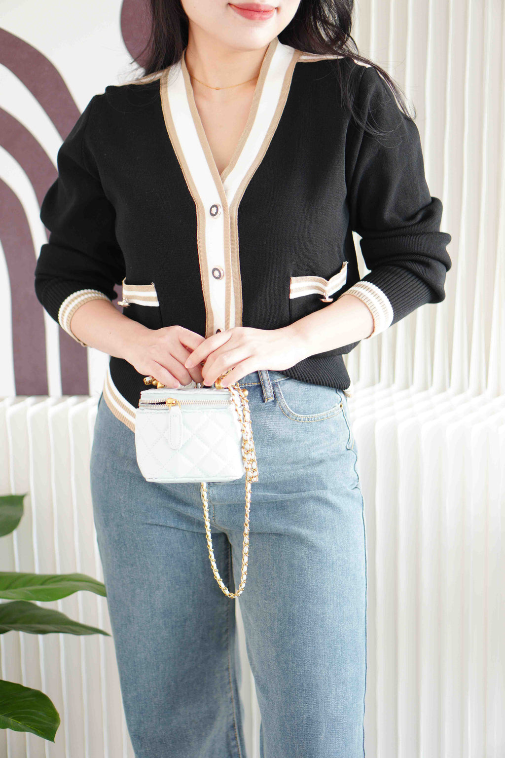 Lyla Knit Cardigan Top in Black with White Lining