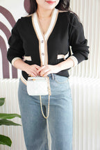 Lyla Knit Cardigan Top in Black with White Lining