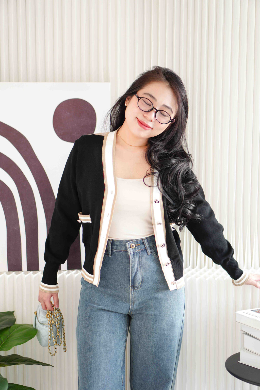 Lyla Knit Cardigan Top in Black with White Lining
