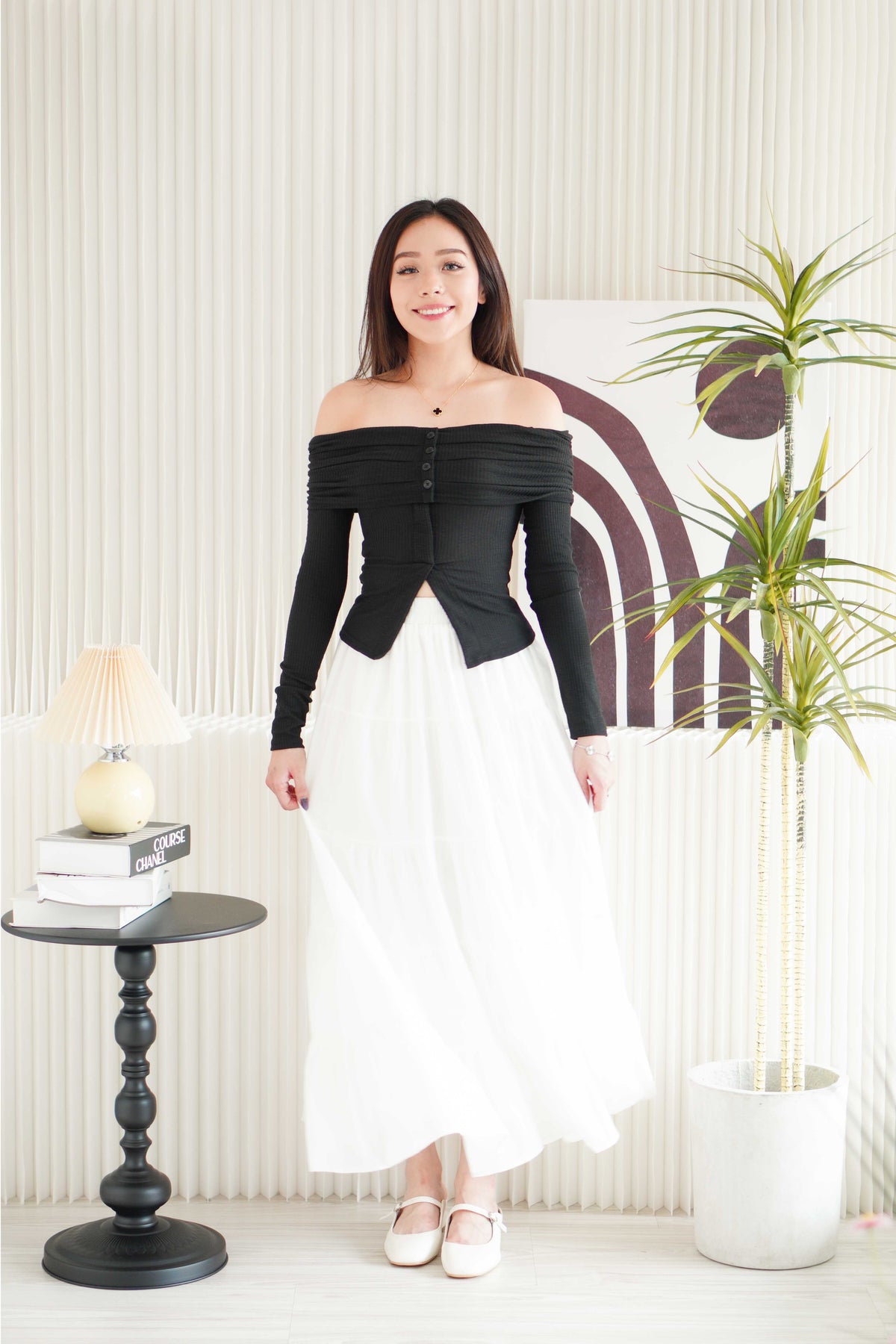 Skye Off Shoulder Long Sleeve Top in Black