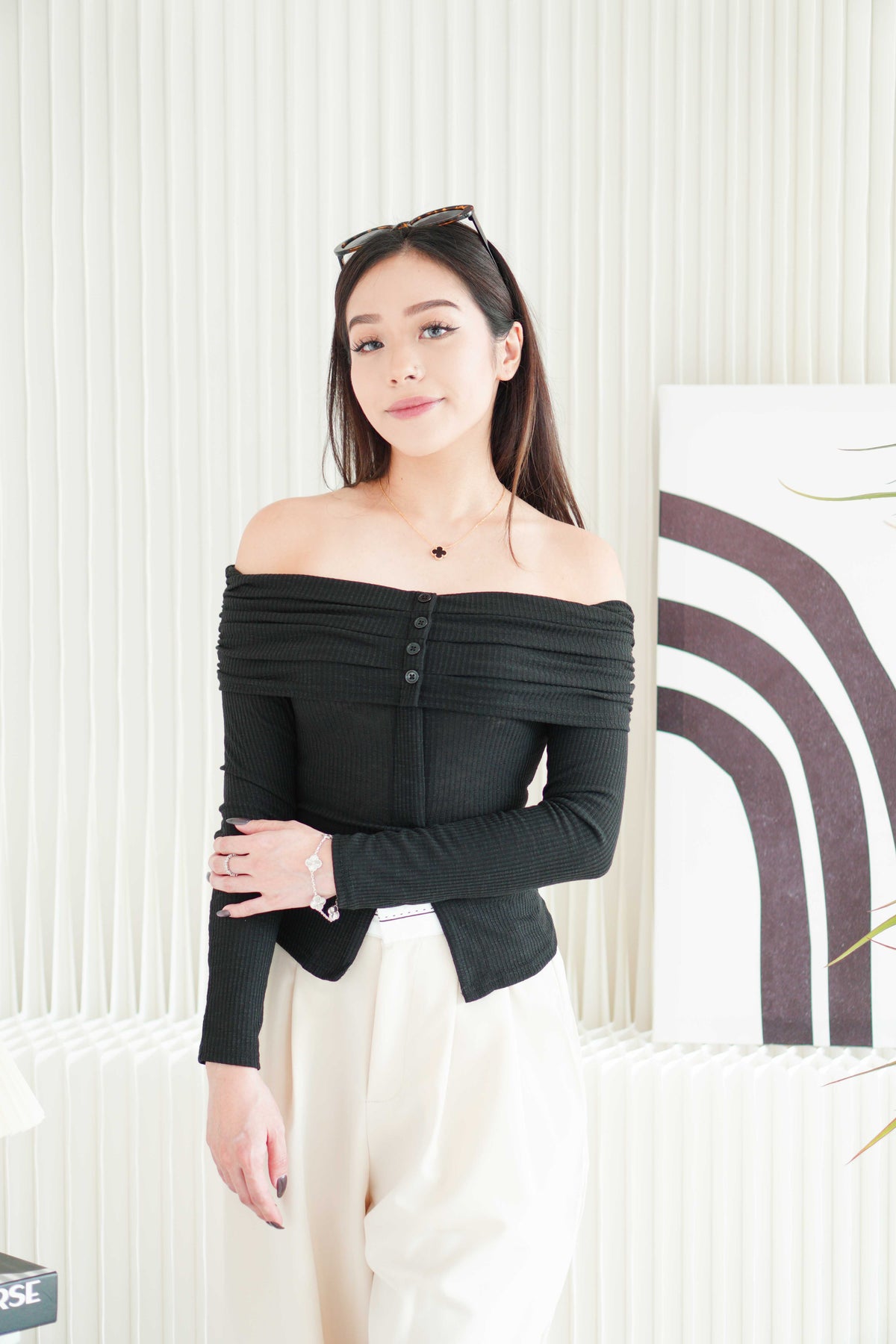 Skye Off Shoulder Long Sleeve Top in Black