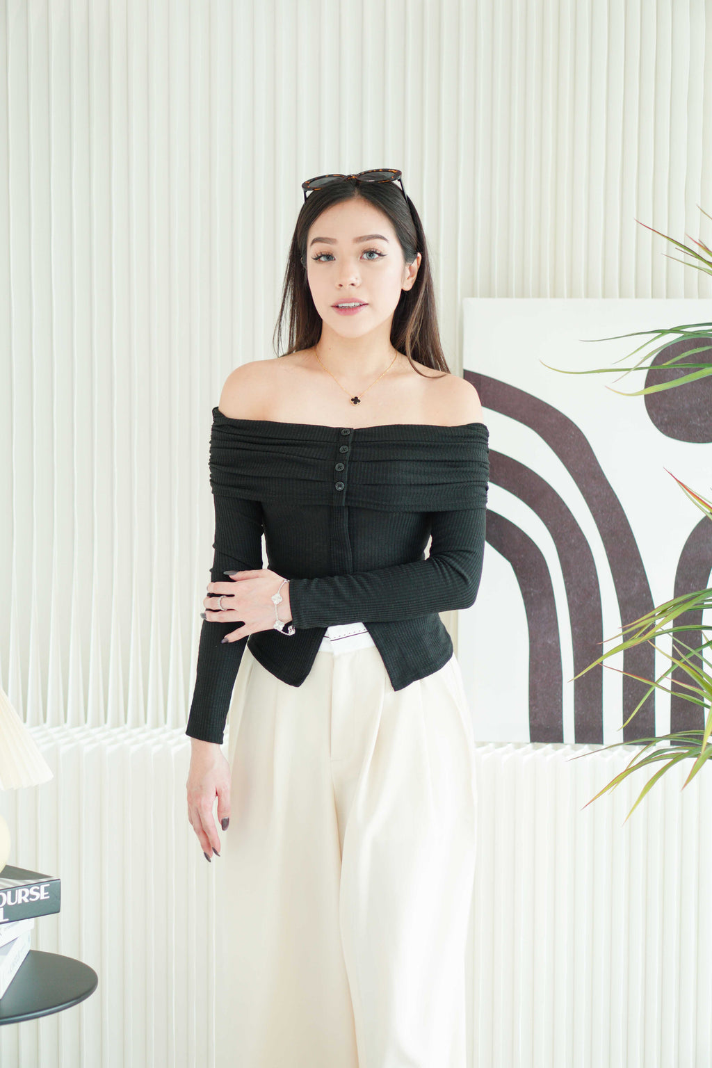 Skye Off Shoulder Long Sleeve Top in Black