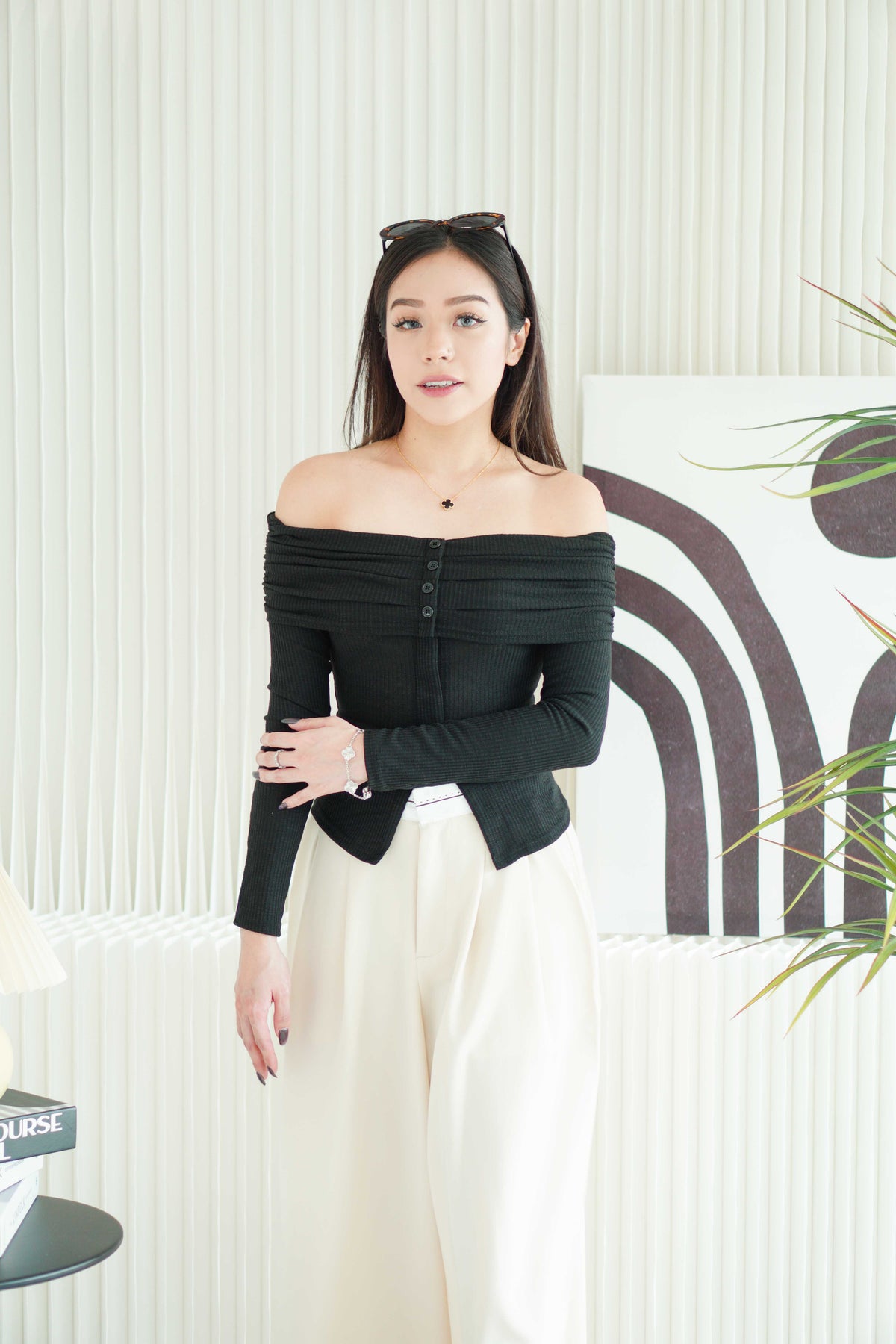 Skye Off Shoulder Long Sleeve Top in Black