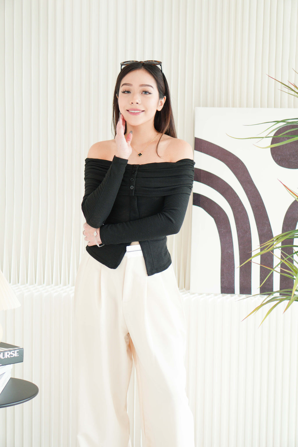 Skye Off Shoulder Long Sleeve Top in Black