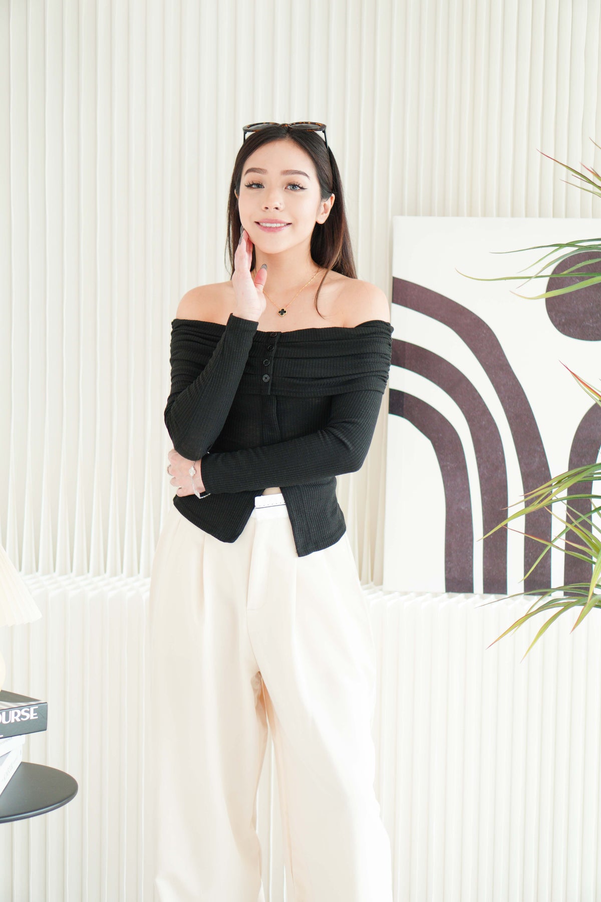 Skye Off Shoulder Long Sleeve Top in Black