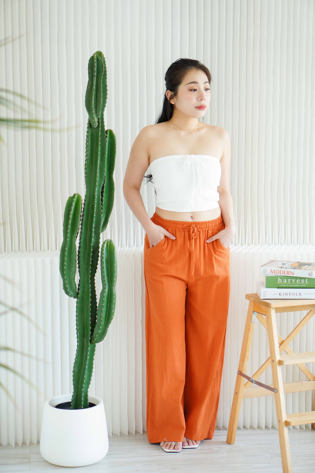 Saffron Drawstring Linen Pants in Brick Orange