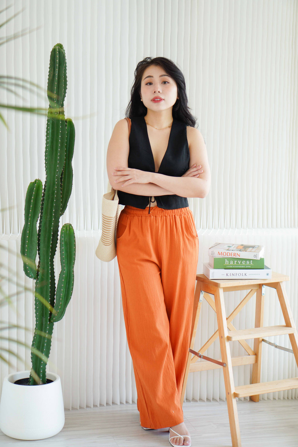 Saffron Drawstring Linen Pants in Brick Orange