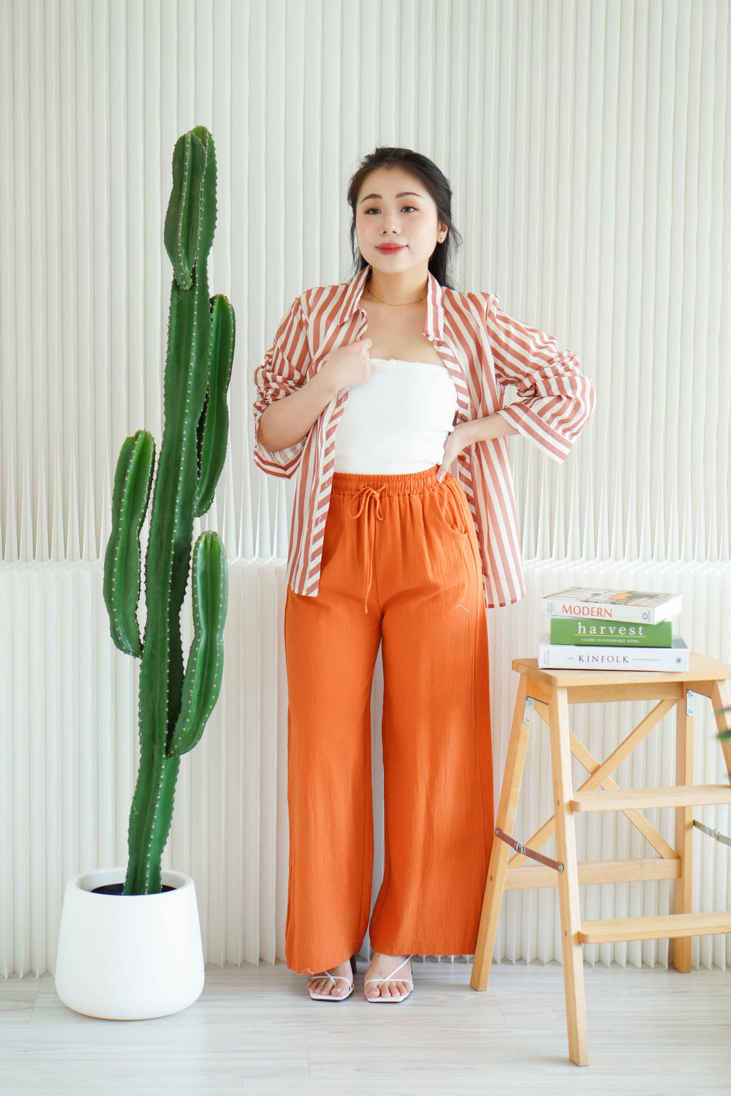 Saffron Drawstring Linen Pants in Brick Orange