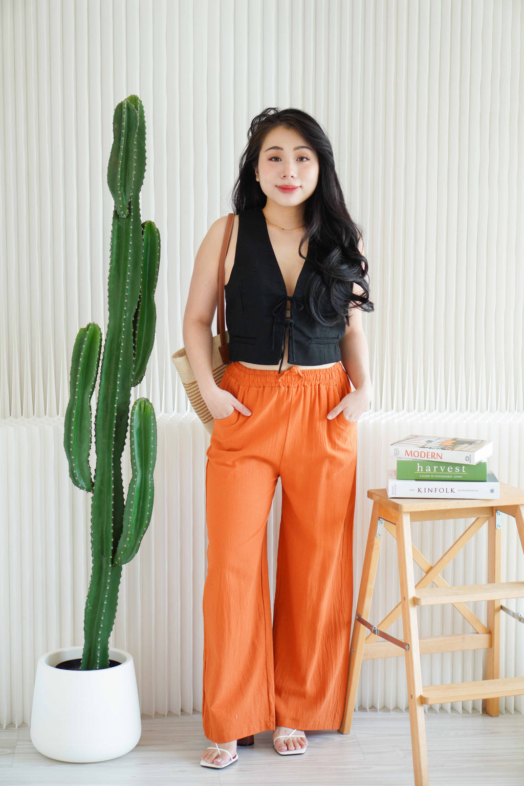 Saffron Drawstring Linen Pants in Brick Orange