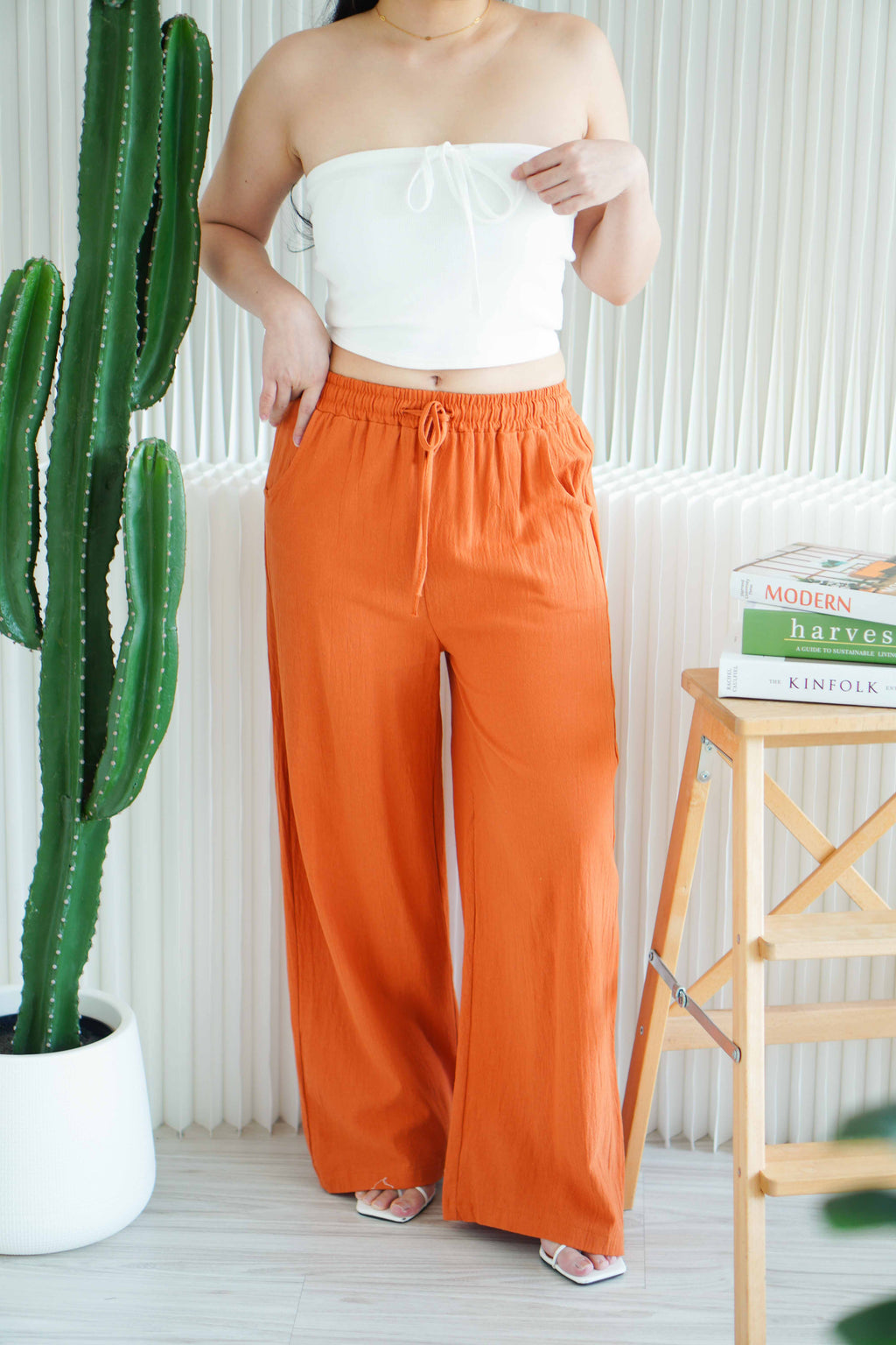 Saffron Drawstring Linen Pants in Brick Orange