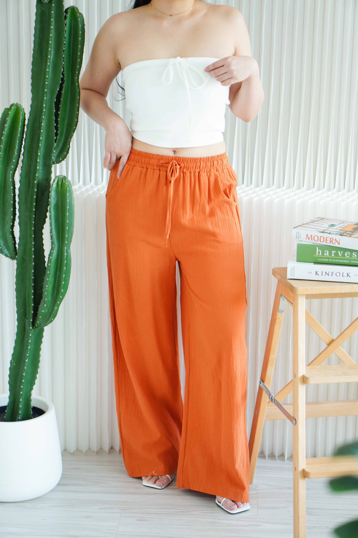 Saffron Drawstring Linen Pants in Brick Orange