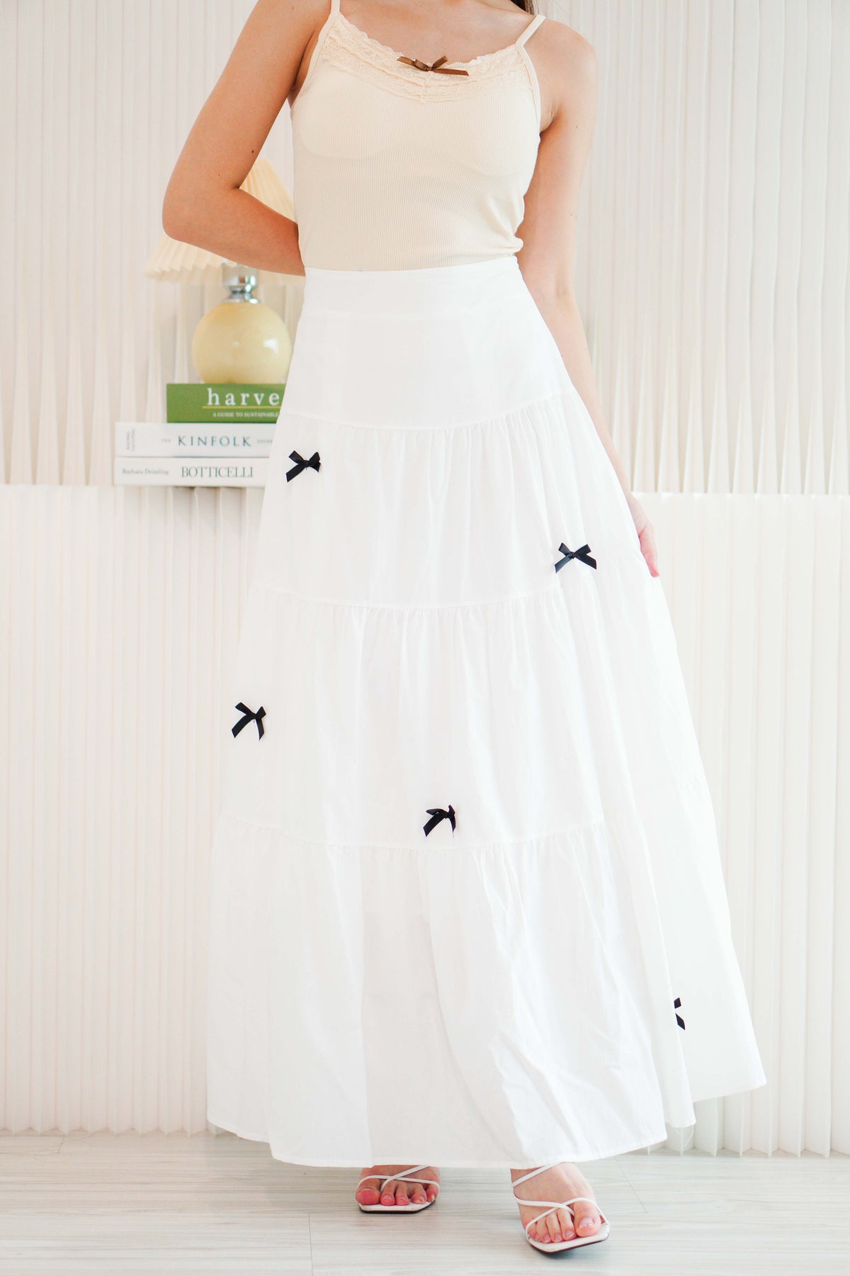 (BACKORDER) Valentine Mini Black Ribbon Maxi Skirt in White