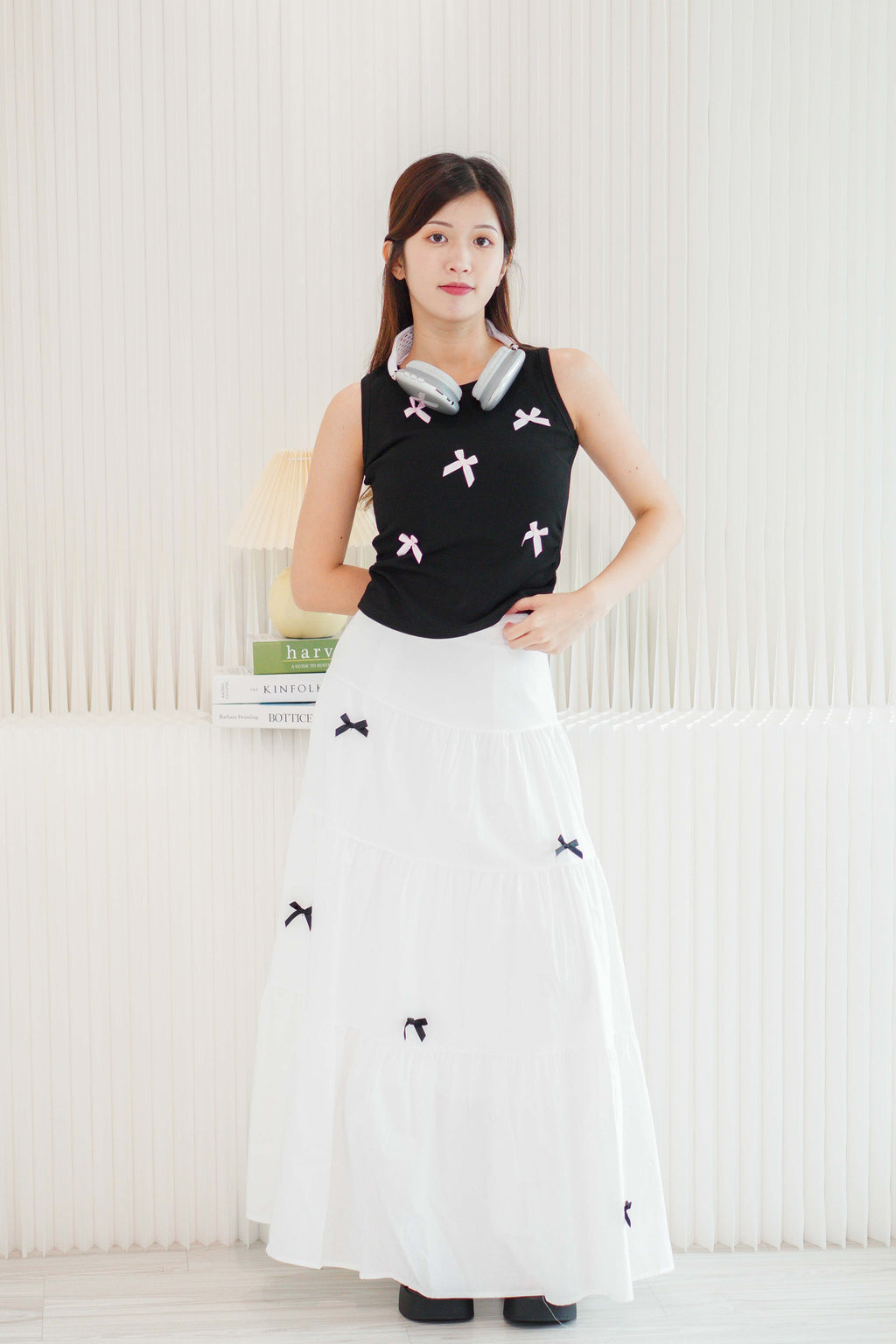 (BACKORDER) Valentine Mini Black Ribbon Maxi Skirt in White