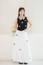 (BACKORDER) Valentine Mini Black Ribbon Maxi Skirt in White