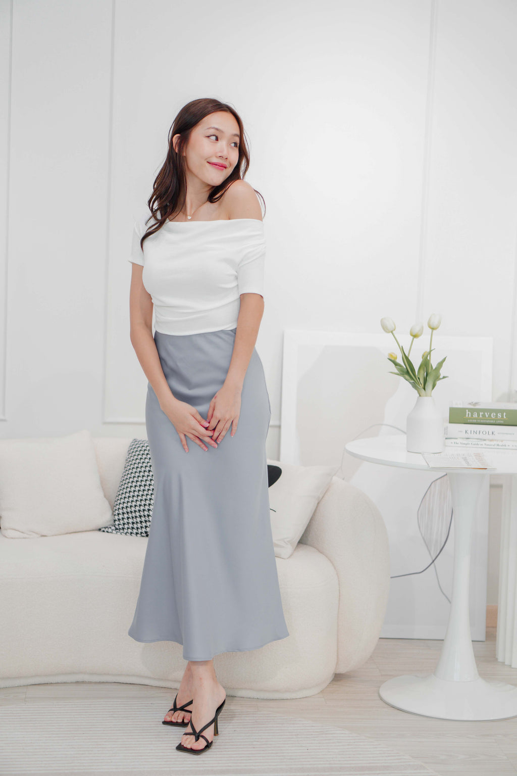 Aurum Satin Skirt in Blue Grey