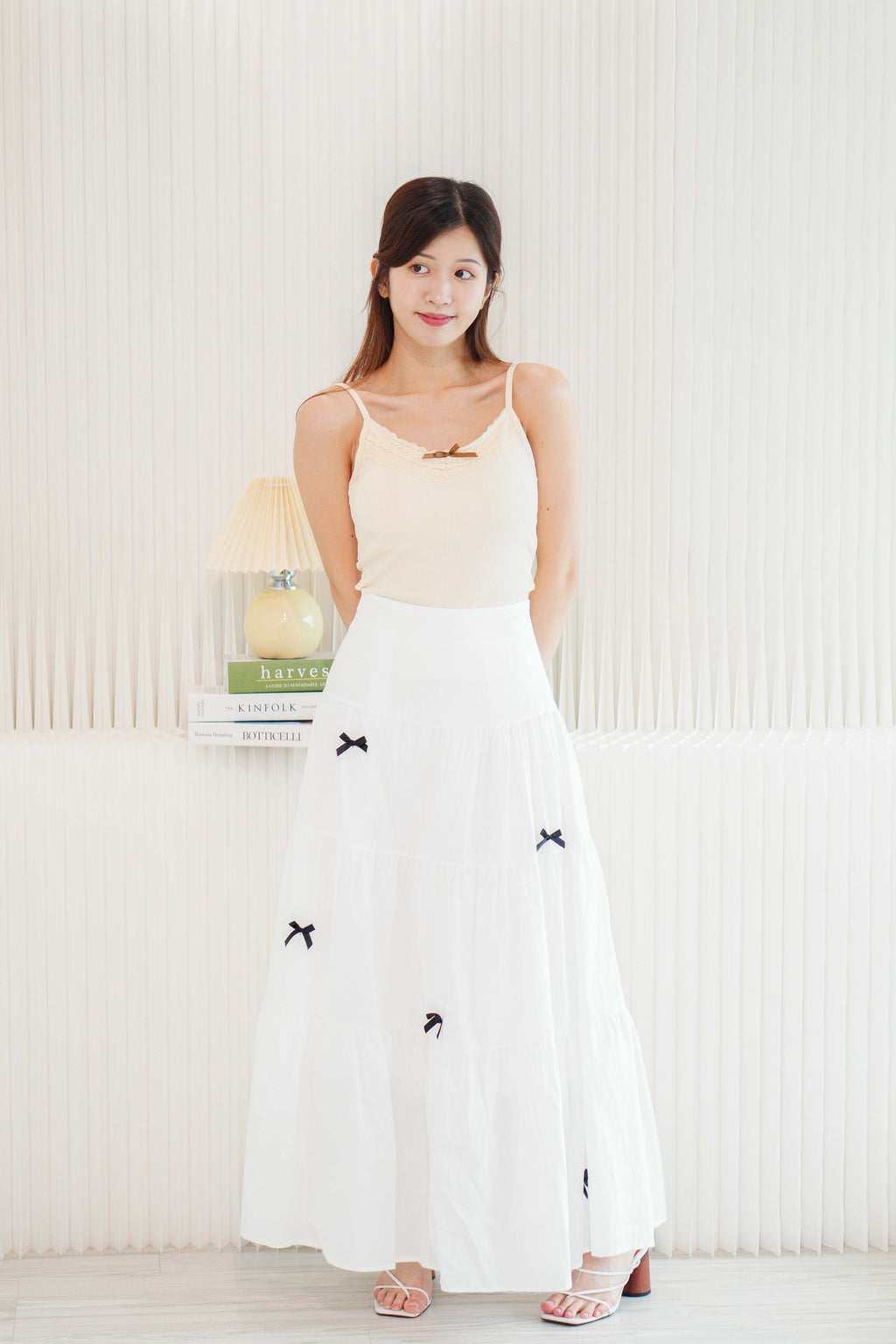 (BACKORDER) Valentine Mini Black Ribbon Maxi Skirt in White