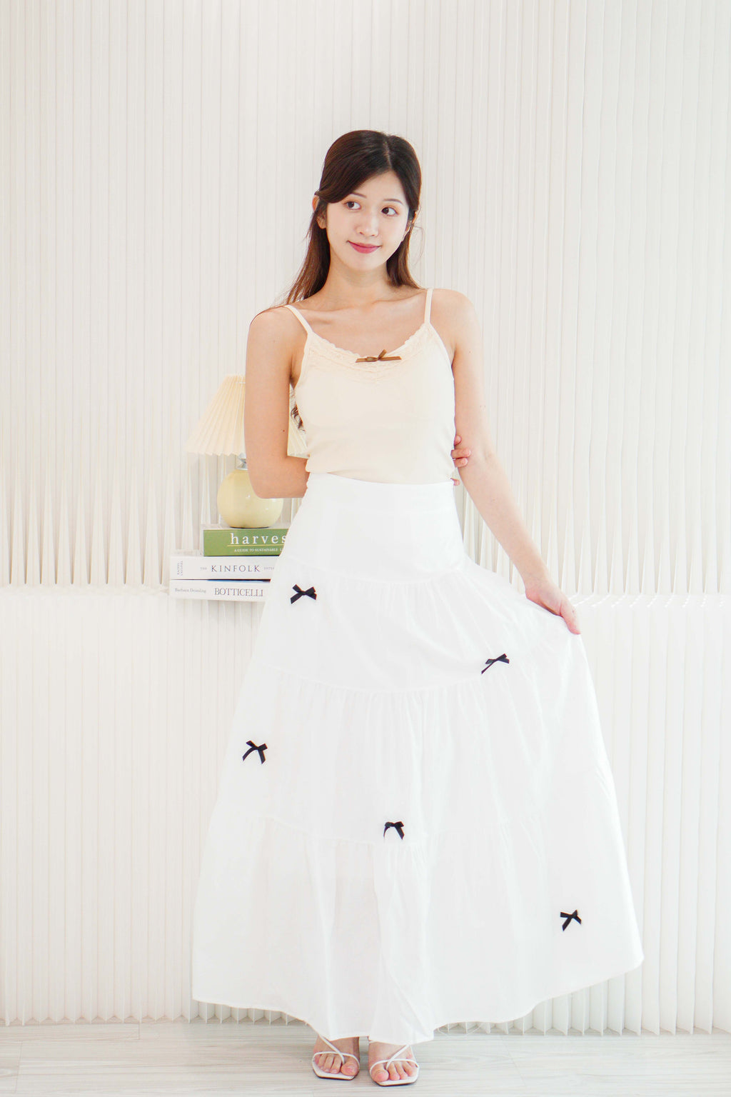 (BACKORDER) Valentine Mini Black Ribbon Maxi Skirt in White