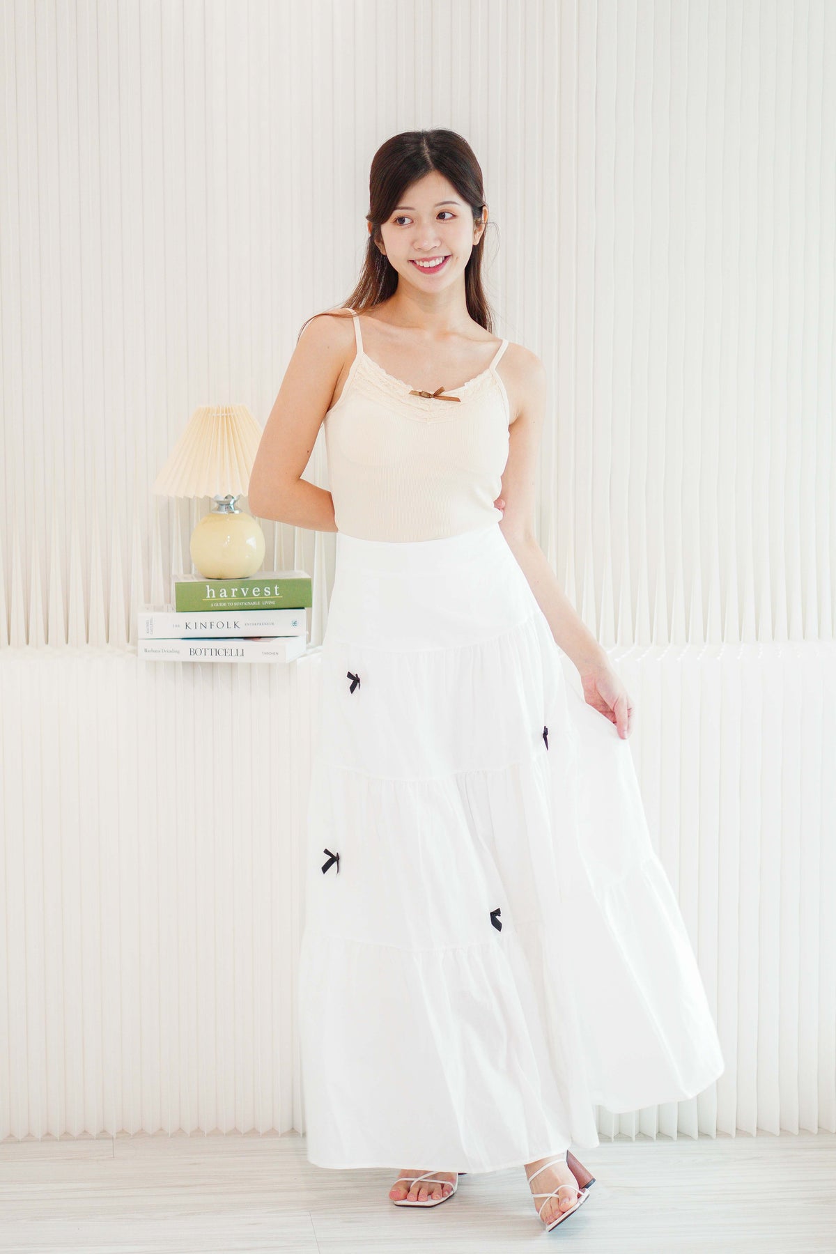 (BACKORDER) Valentine Mini Black Ribbon Maxi Skirt in White
