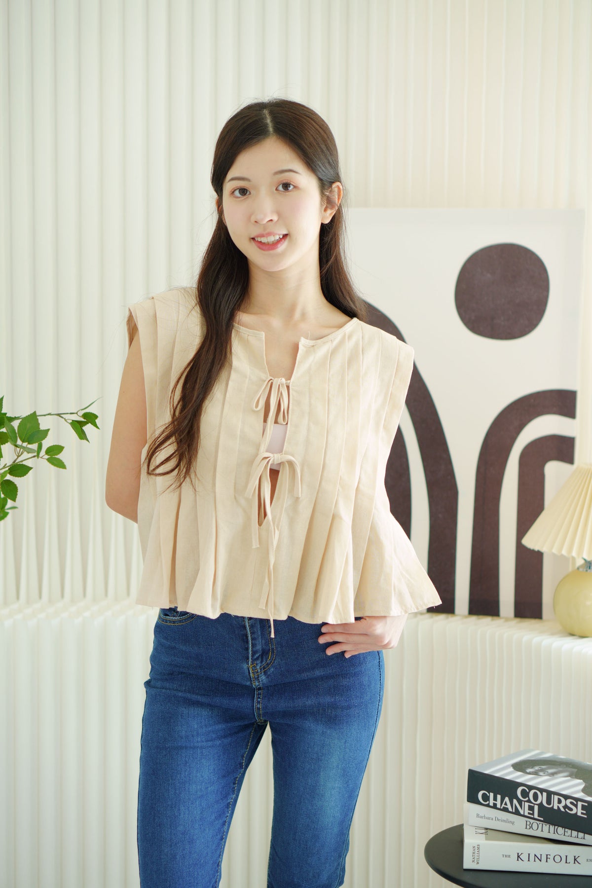 Ariyah Pleated Babydoll Top in Beige