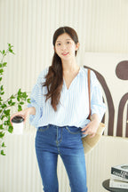 Analia Oversized Blouse Top in Blue Stripes