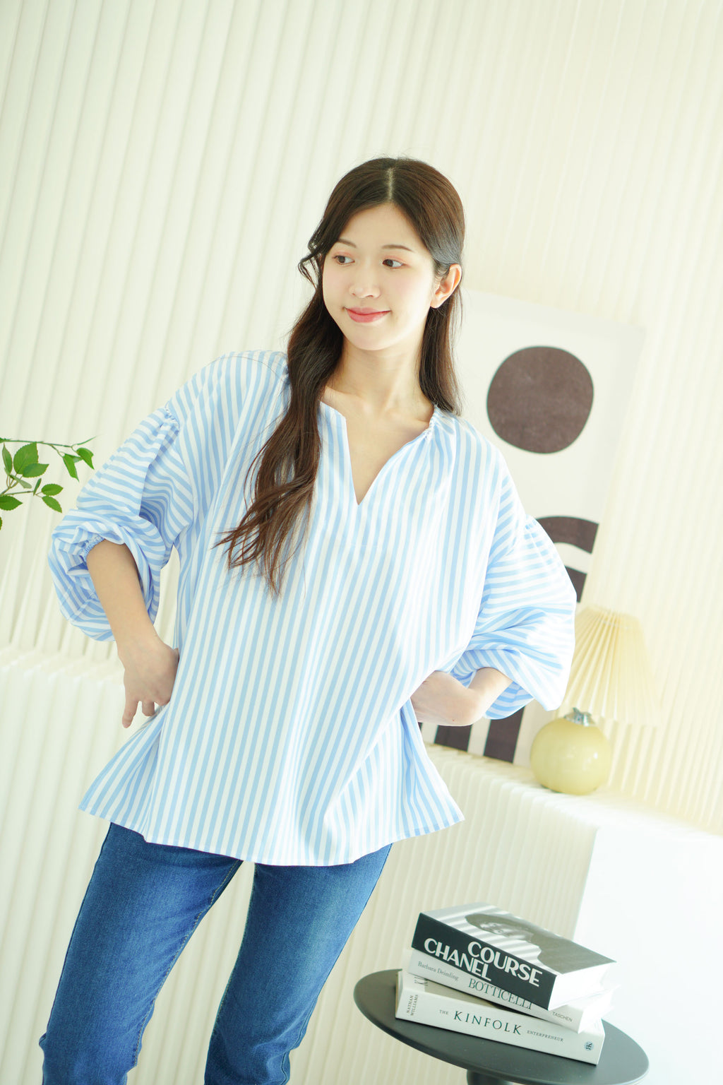 Analia Oversized Blouse Top in Blue Stripes