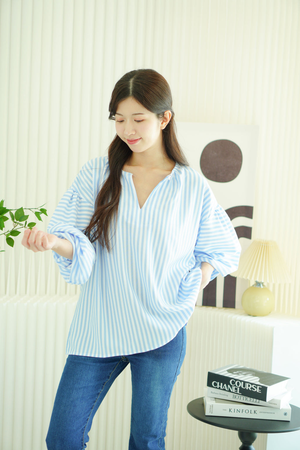 Analia Oversized Blouse Top in Blue Stripes