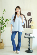 Analia Oversized Blouse Top in Blue Stripes