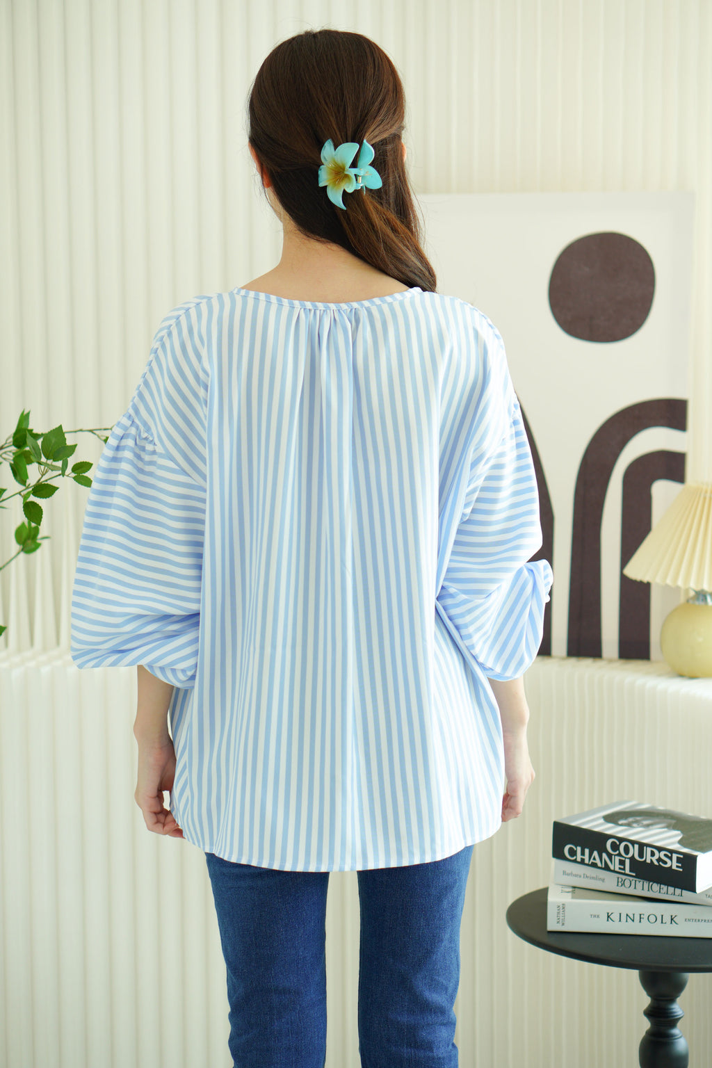 Analia Oversized Blouse Top in Blue Stripes