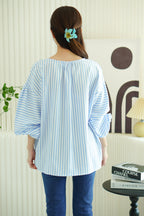 Analia Oversized Blouse Top in Blue Stripes