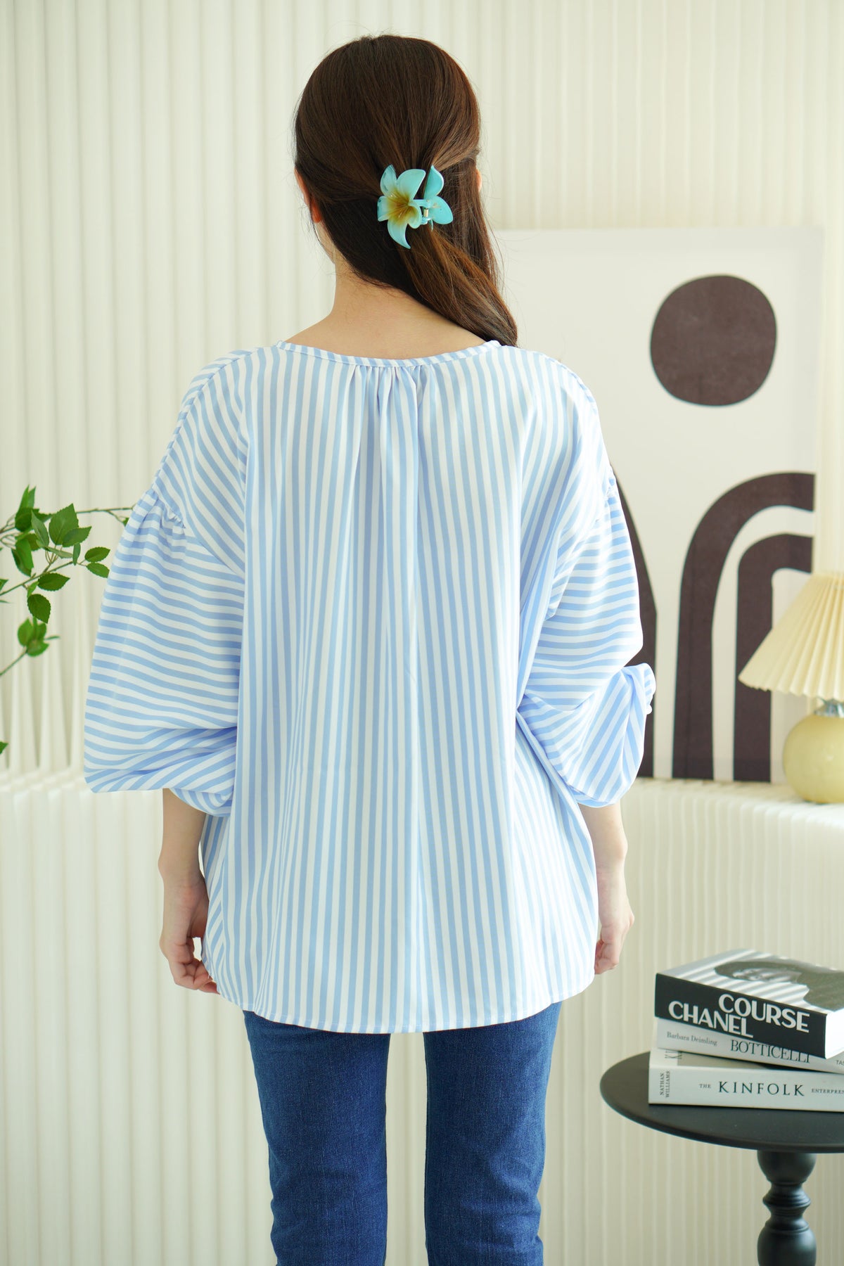 Analia Oversized Blouse Top in Blue Stripes