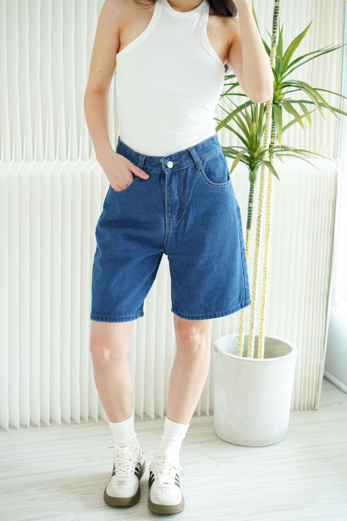 Brix Midi Denim Shorts in Dark Blue