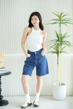 Brix Midi Denim Shorts in Dark Blue
