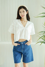 Brix Midi Denim Shorts in Dark Blue